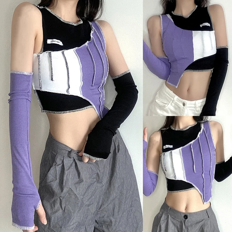 

Женский модный топ контрастных цветов с круглым вырезом