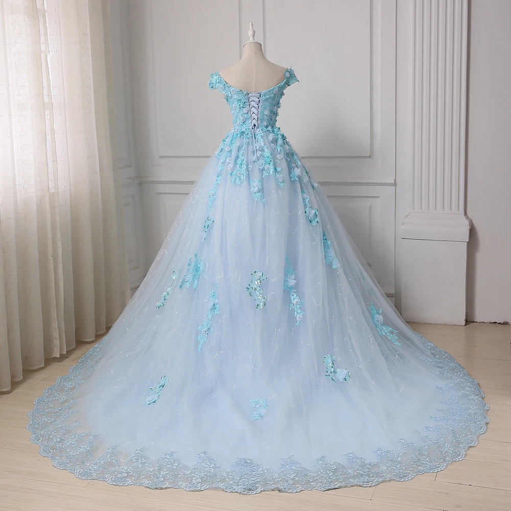 Женское свадебное платье с открытыми плечами Белое Бальное цветами и блестками