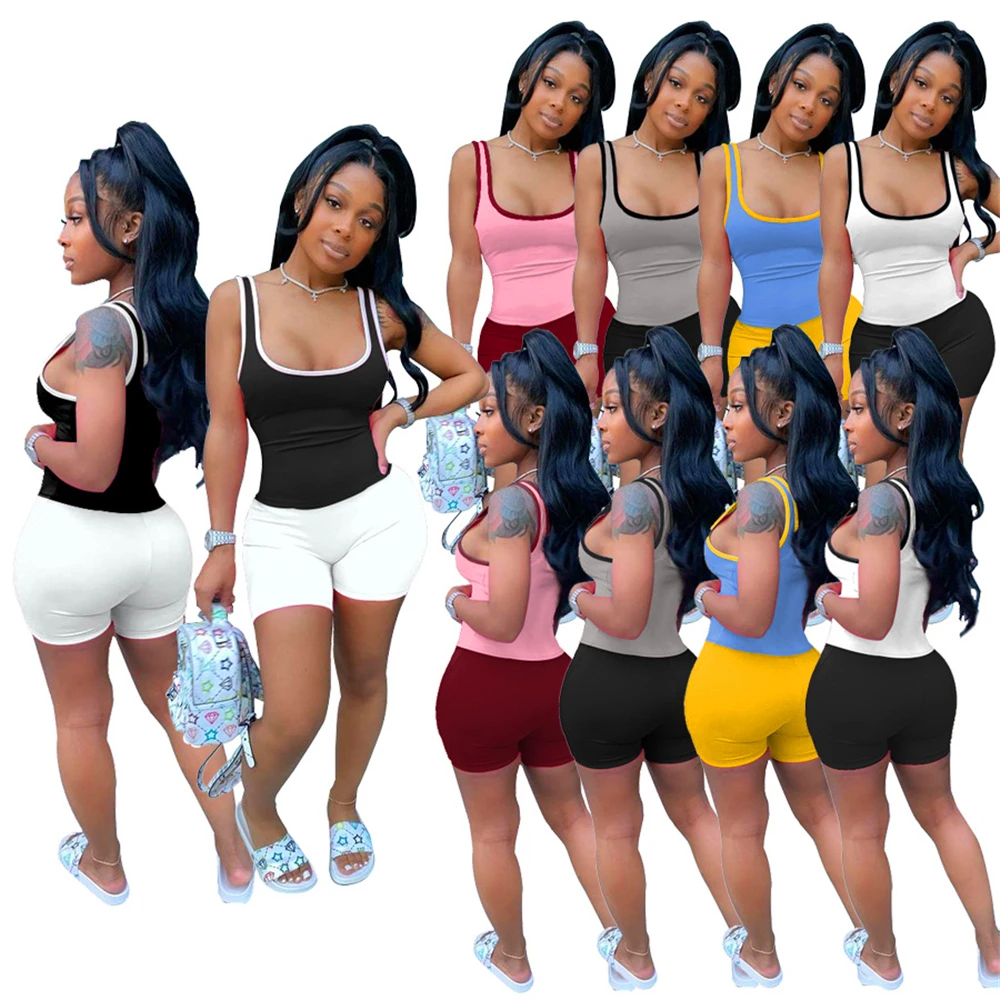 

W8163 European and American women's cute sexy tank top and shorts color contrast summer street two-piece set spot supply wholesa