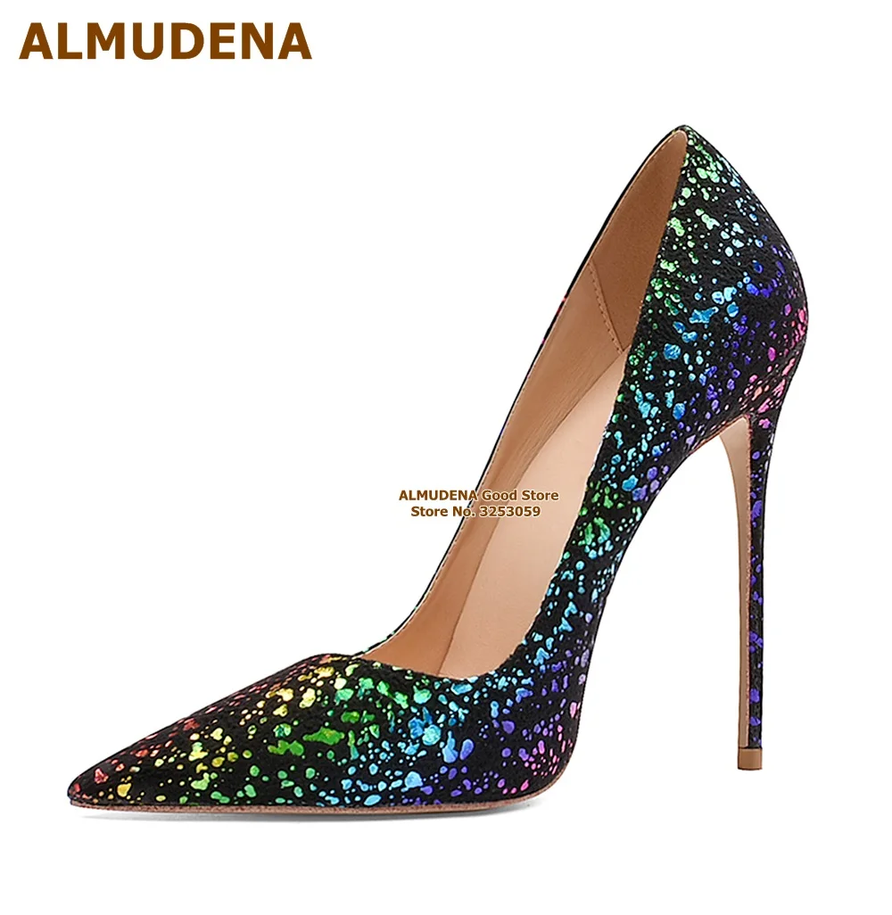 ALMUDENA Pink Silver Bling Bling Suede High Heel Shoes Hologram Iridescent Glitter 12cm Pointed Toe Slip-on Bride Pumps Size45