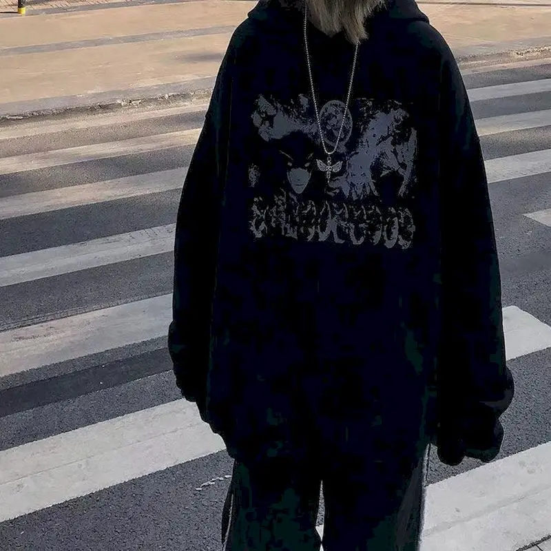 

Hip-hop Hoodie Women Pullover Hooded Sweatshirt Black Gothic Vintage Women Spring Autumn Thin Casual Loose Oversized Female Top