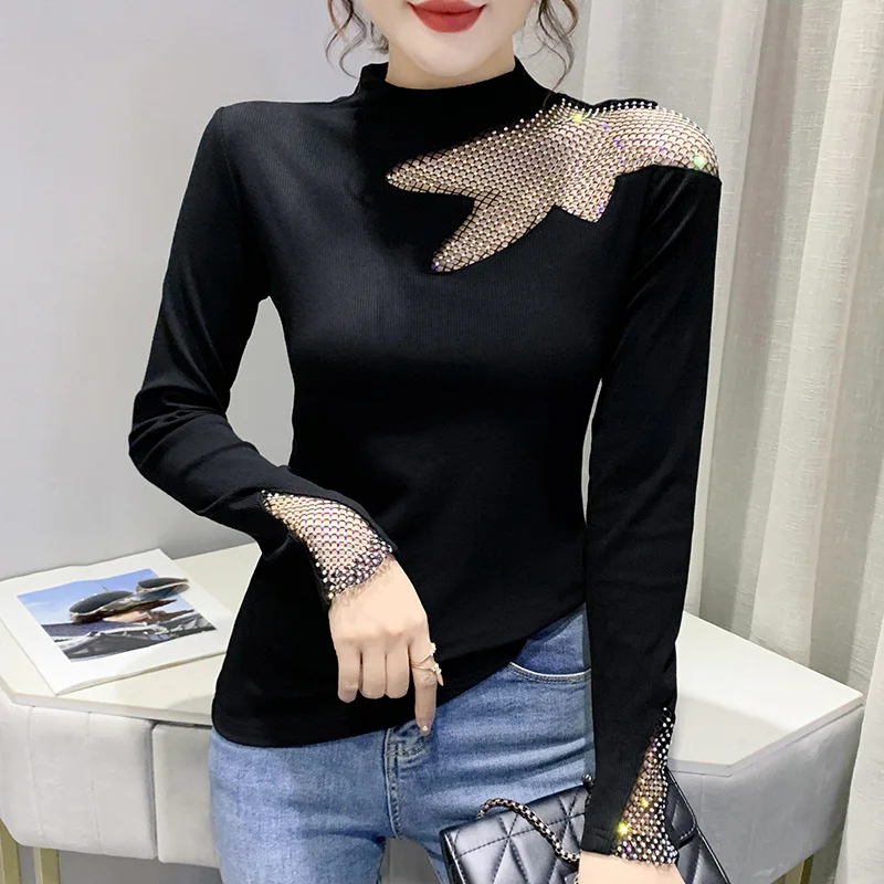 

#9456 Black Red Gold Brown Half High Collar Long Sleeve T Shirt For Women Hollow Out Diamonds Sexy Basic T Shirt Femme Elastic