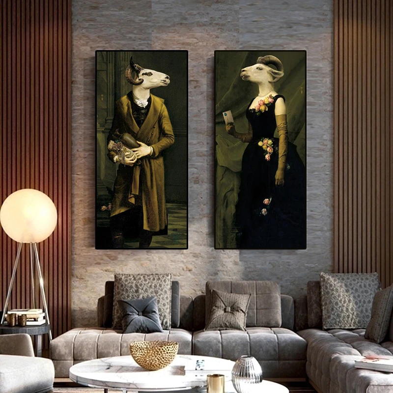 

Retro Classical Gentleman Lady Goat Canvas Paintings On Wall Art Animal Poster Prints Living Room Vintage Decoration Painting