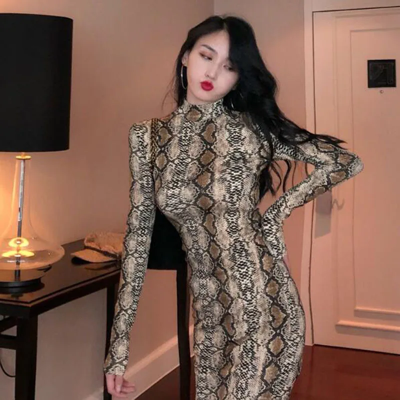 

Snake Skin Print Women Dresses Spring Autumn Hot Sexy Long Sleeve Stand Collar Woman Dress Slim Fit Short Dress