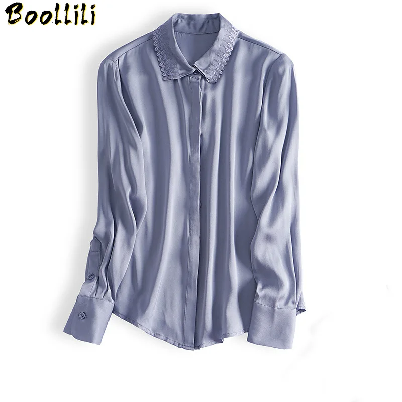 Boollili Real Silk Shirt Womens Tops and Blouses Embroidery Blouse Women Spring Autumn Vintage Blusas Mujer De Moda 2020