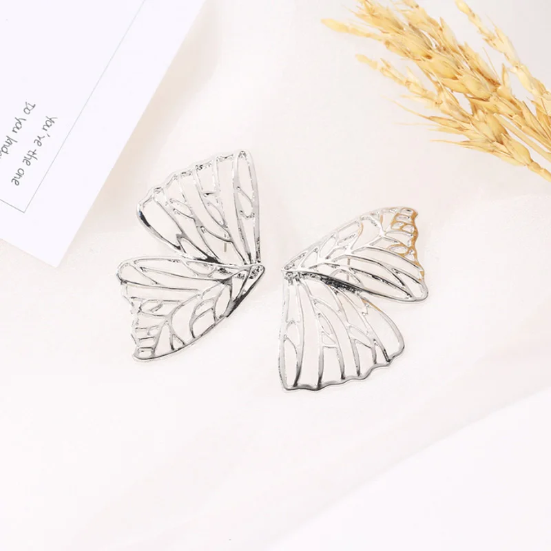 2019New Gold Silver Color Hollow Butterfly Earrings Elegant Big Fan Shaped Metal Women Stud Fashion Jewelry Accessories | Украшения и