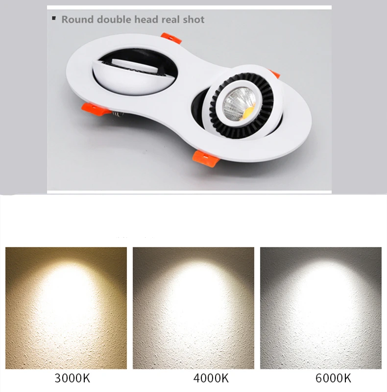 Luz descendente LED redonda regulable de doble cabezal, 85-265V, 10W, 14W, 18W, 30W, foco de lámpara de techo con ángulo ajustable, iluminación para el hogar