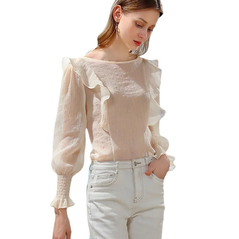 

2021 Summer Women Blouses Shirts Temperament Ruffled Chiffon Shirt Tops Sexy Mesh Blouse Translucent Breathable Thin Shirt C0057