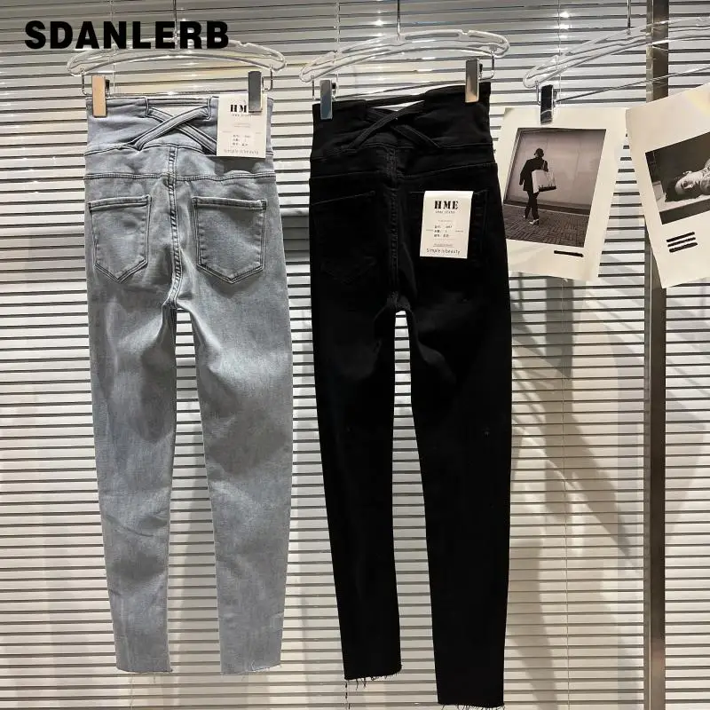 

Женские джинсовые брюки-карандаш, облегающие эластичные бархатные брюки с высокой талией и перекрестной талией на зиму, 2021