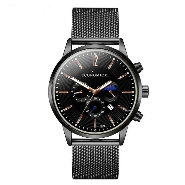 

Fashion Business Men Quartz Watch Black Alloy Strap Watches For Men Complete Calendar Clocks Mens Luminous Hands Watch E89-SHW