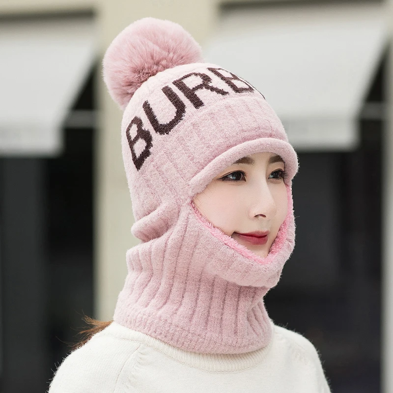 pink Новинка, Балаклава из кроличьей шерсти, вязаные зимние шапки для женщин, плотная маска Skullies Beanies, шапка с улыбкой для девочек, защищающая шею, снежная шапка - Цвет: pink