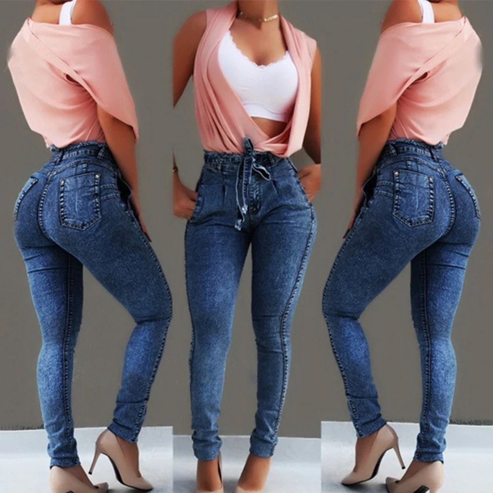 

Women Spring Tassel High Waist Elastic Bodycon Jeans 2021 Autumn Fashion Elegant Slim Blue Lace Up Pencil Jeans For Woman
