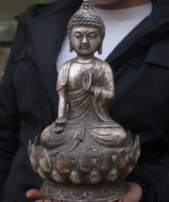 Медь Satue старая китайская тибетская фигурка Будды Серебряный Лотос Шакьямуни
