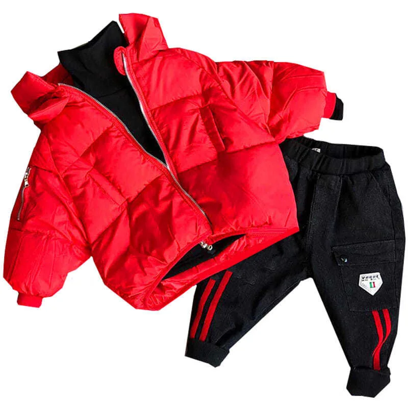 

2020 New 3PCS Boys Winter Clothing Set Kids Super Thick Parkas Solid T Shirt and Pant Set Baby Boy Winter Outfit