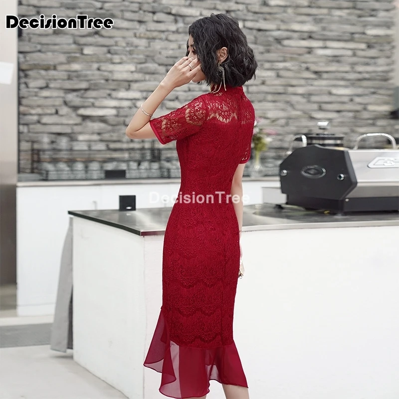 Женское кружевное платье Ципао Элегантное Длинное Красное Русалка с воротником