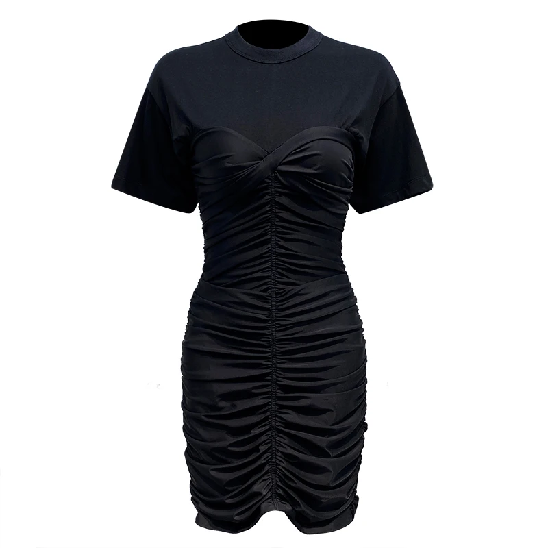 

Summer Runway Dress Designers 2020 Women Fashion Elegant Draped Short Sleeve Sheath Slim Dress White/Black