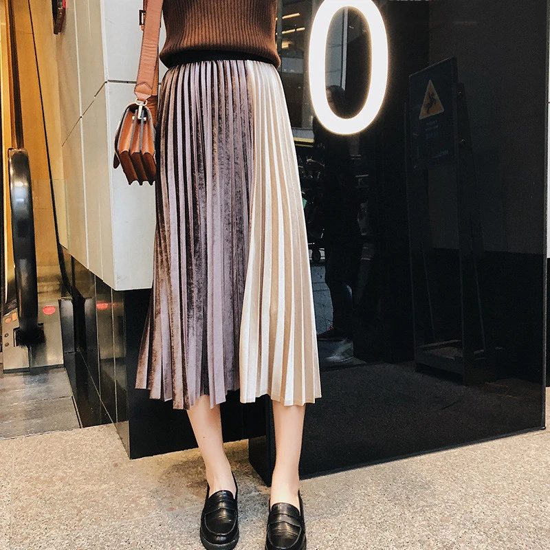 Женская юбка плиссированная бархатная осенне зимняя с высокой талией в стиле