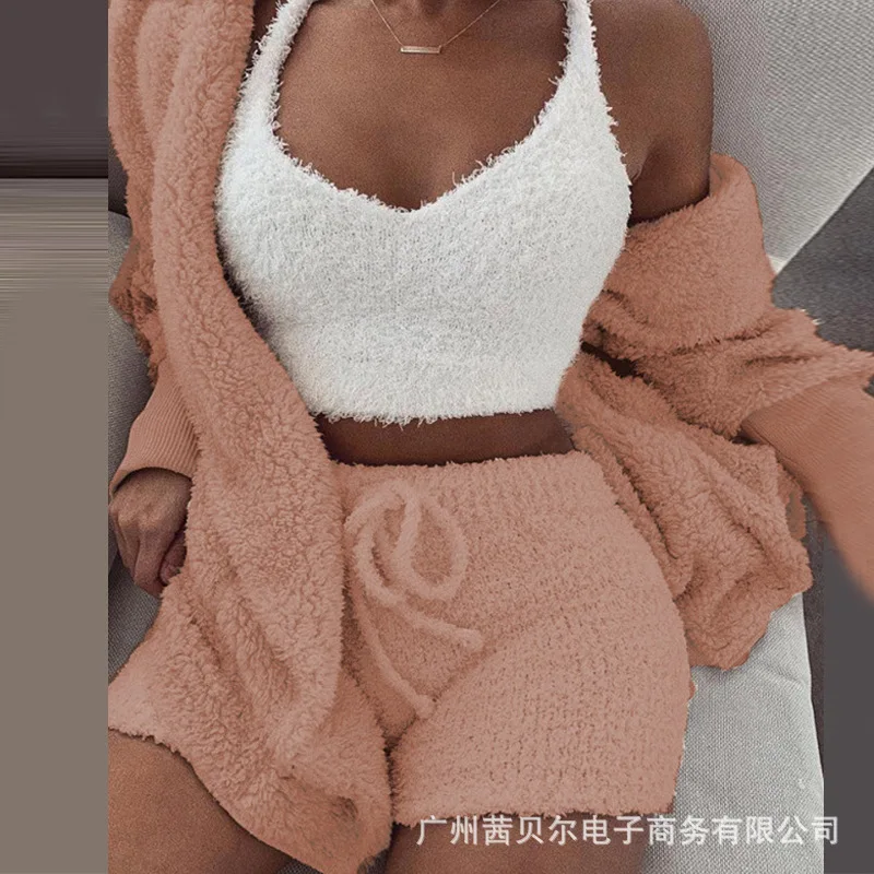 light pink set Adogirl женский флисовый плюшевый повседневный комплект из двух предметов куртка кардиган с капюшоном осенне-зимняя верхняя одежда+ шорты Модная одежда - Цвет: light pink set
