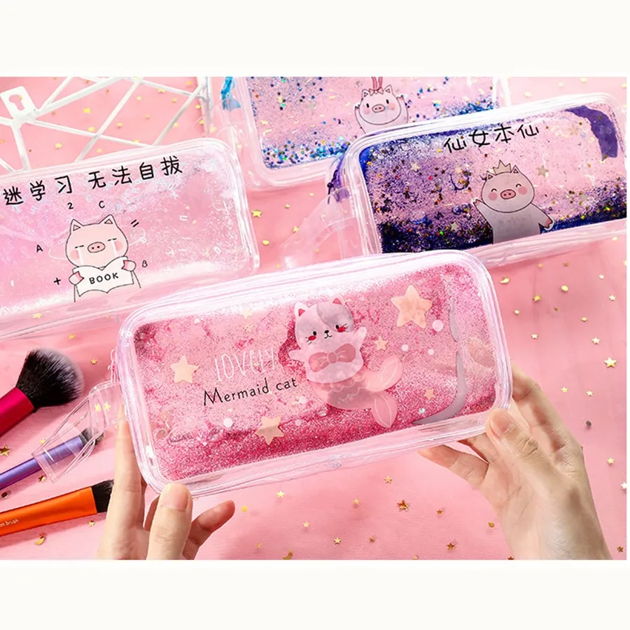 Kawaii Qiuck песок пенал мультфильм Свинья девушки макияж ручка мешок большой емкости прозрачная сумка для хранения школьные канцелярские принадлежности