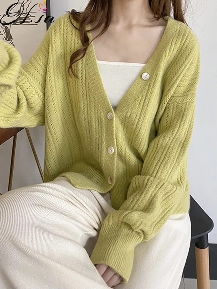 

Hsa 2021 Spring And Autumn Casual Sweater Knitted Cardigan Coat Women V-neck Loose Outer Wear Lazy Loose Top