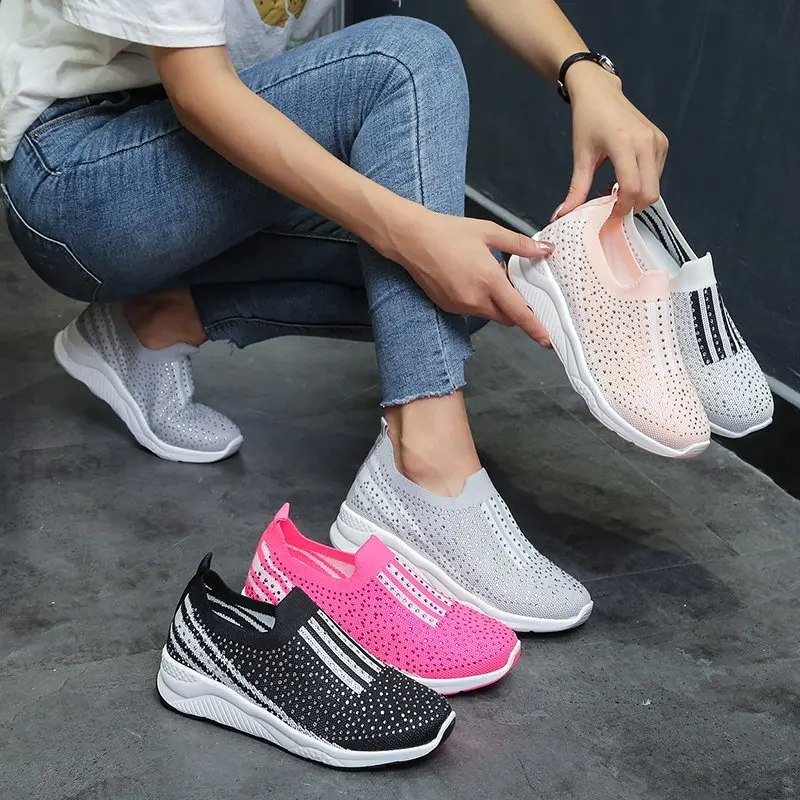 

comemore Shiny Crystal Flats Shoes for Women Spring Autumn Breathable Soft Bottom Shoes Woman Plus Size Slip on Casual Sneakers
