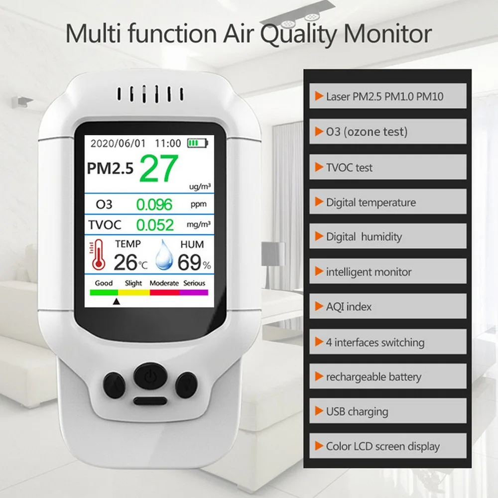 

5 In 1 Portable Air Quality Monitor Indoor CO2 Detector Formaldehyde HCHO TVOC Tester LCD Temperature Humidity Tester Co2 Meter