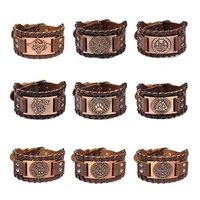 fashion viking design rune wide leather mens bracelets fine handmade thread sewing wristbands bangles on hand jewelry gift