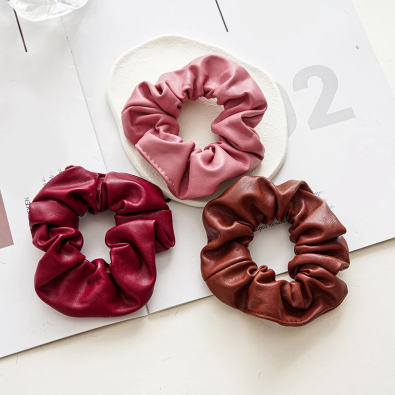

Female PU Leather Scrunchies Solid Rubber Bands Women Girls Retro Korean Elastic Hair Bands Ponytail Hold Hair Accessories