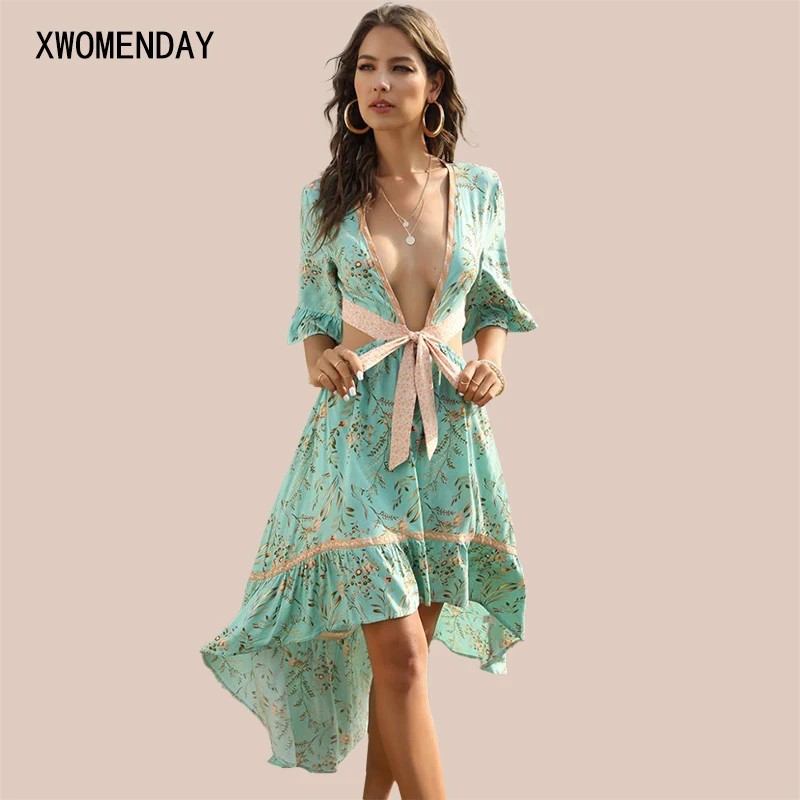 Женское пляжное платье на завязках зеленое асимметричное длинное средней длины