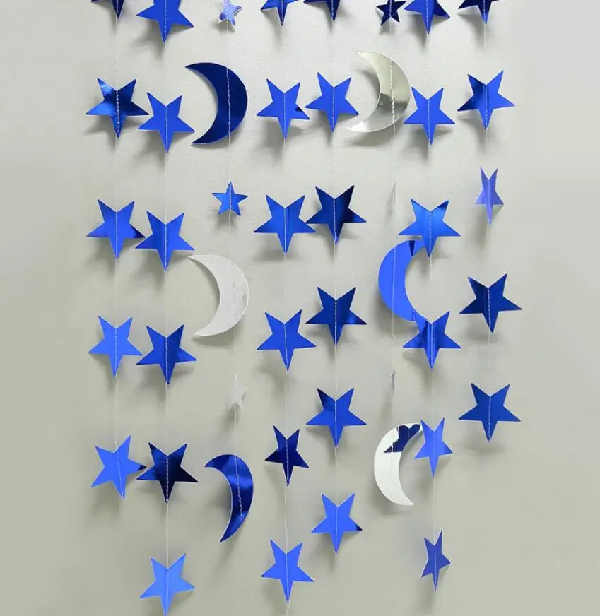 

5pcs 4M Star&Moon Mirror Paper String Colored Flag Hanging Ornaments For Wedding Party Arch Home Garden Hotal Decorative
