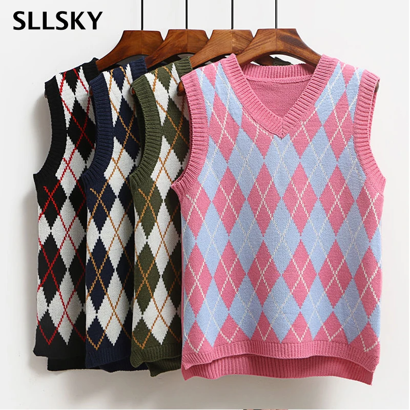 SLLSKY Argyle модный вязаный жилет Женский Повседневный корейский пуловер эластичный