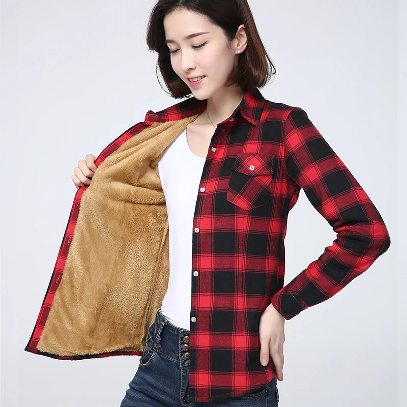 2021 winter new plus thick fleece womens warm plaid shirt coat lady casual velvet jacket tops hot brand woman clothes outerwear free global shipping