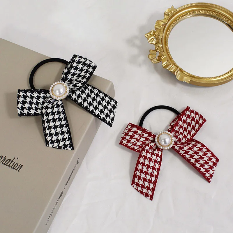 

CN Classic Plaid Elastic Bow with Pearl Hair Ties Korean Hairbands Women Girls Hair Rope Korean Accessories Gum Scrunchies
