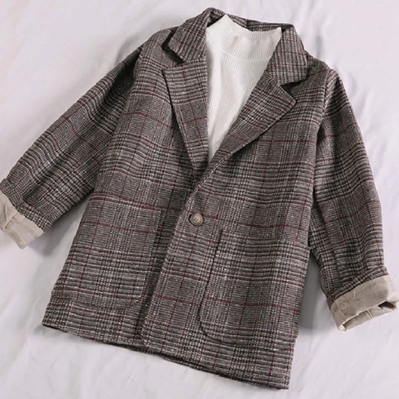 Осенний модный свободный костюм пиджак в клетку Женский Повседневный на одной