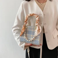pearl chain small square canvas crossbody bags with ribbon ladys elegant handbag 2021 summer new design portable shoulder bags