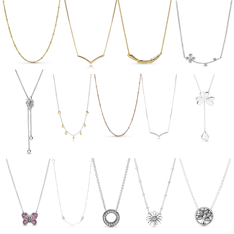 

100% 925 Sterling Silver pan 1:1 Ladies Temperament Simple V-shaped Letter Butterfly Four-leaf Clasp Necklace Jewelry
