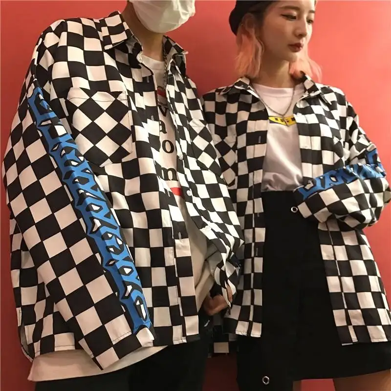 

Blouse Women Couple Coat Hip Hop Street Black and White Grid Plus Size Loose Flame Letter Print Female Male Long Sleeve Shirt