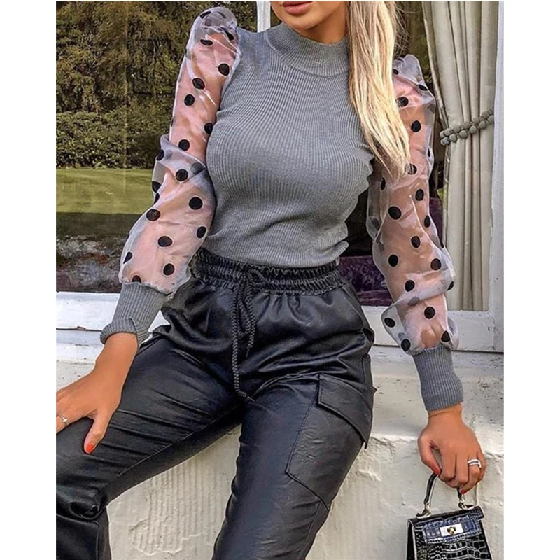 

Autumn Spring Women Sexy Polka Dot Long Puff Sleeve Sheer Translucent O-Neck Knitted Sweater Pullovers
