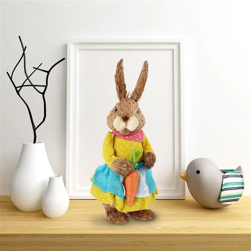 

45CM Artificial Straw Bunny Standing Rabbit With Carrot Bunny Figurines Straw Easter Rabbit Home Office Party Desktop Ornament