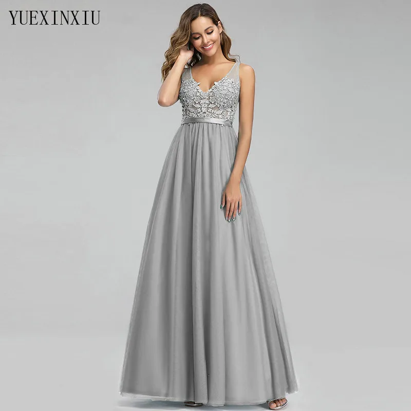 Красивые женские элегантные длинные платья с V образным вырезом и аппликацией