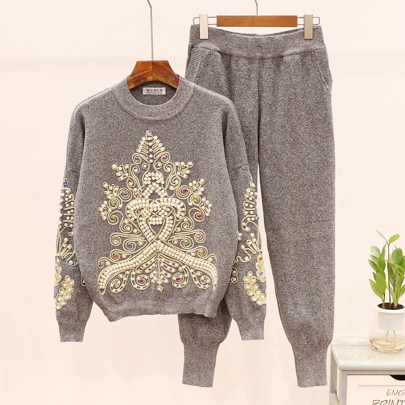 2019 Осень Зима Новый женский комплект 2 шт. Вязанный свитер куртка + повседневные