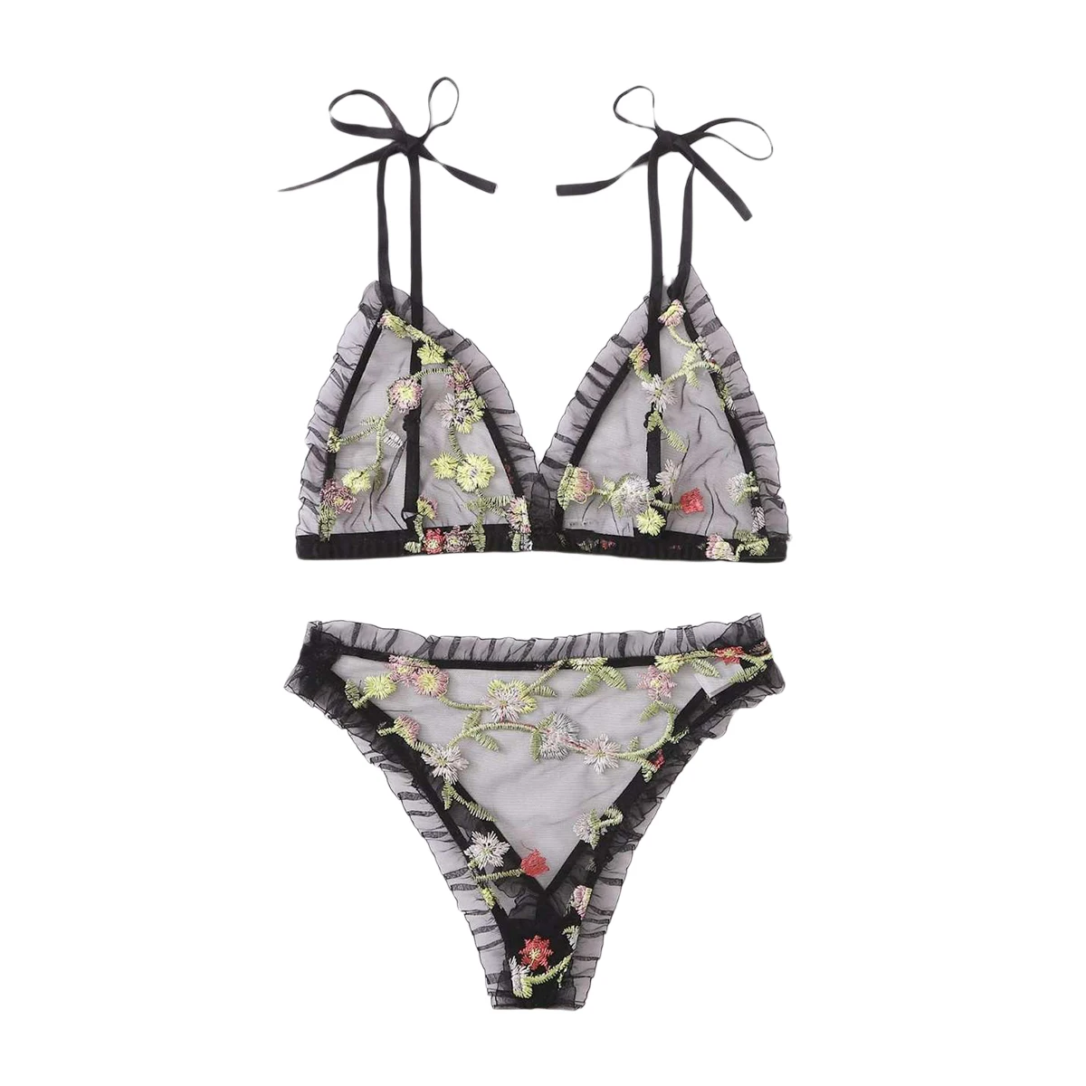 

2 Pieces Lingerie Set Women S Flower Embroidery Lace Up Ruffle See-through Underwear And Underpants Red/Black