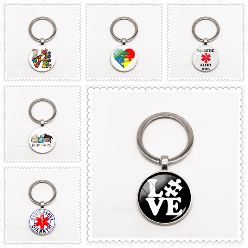 

Diabetes emergency medical alert pattern keychain 25mm glass photo convex round men and women bag fashion keychain ring