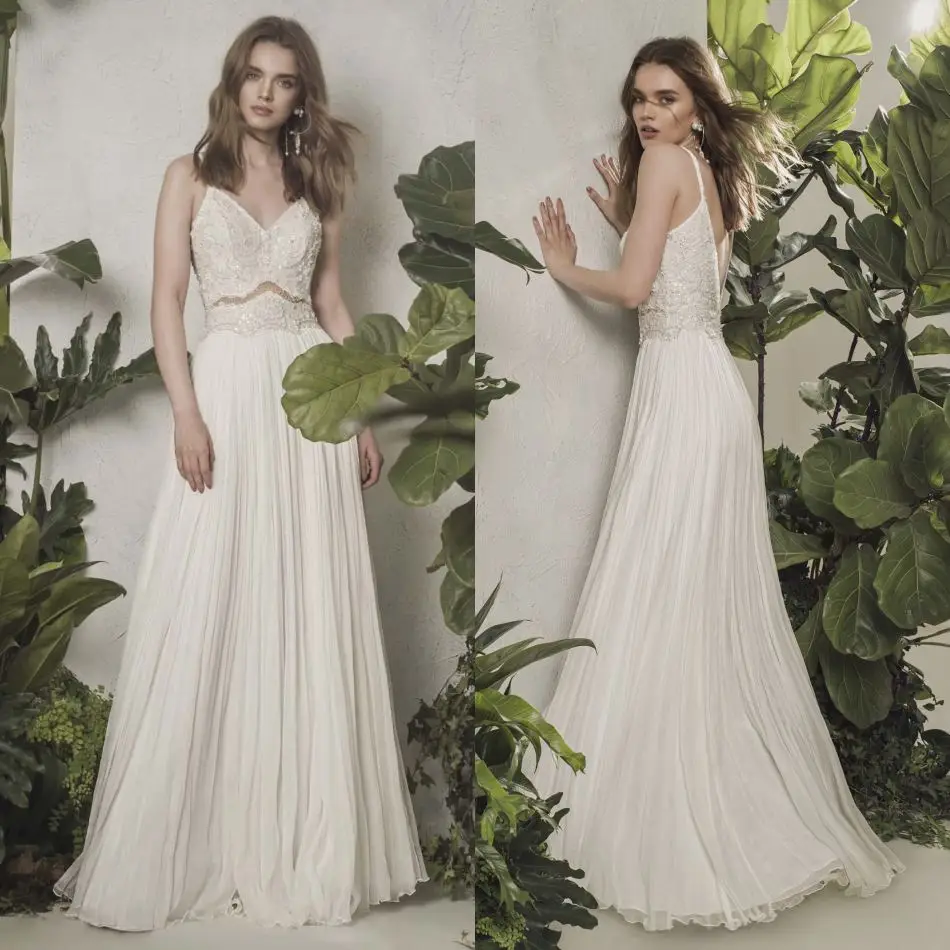 

2020 Wedding Dresses Spaghetti Straps Backless Chiffon Bridal Gowns Custom Made Lace Appliques Sweep Train A-Line Wedding Dress
