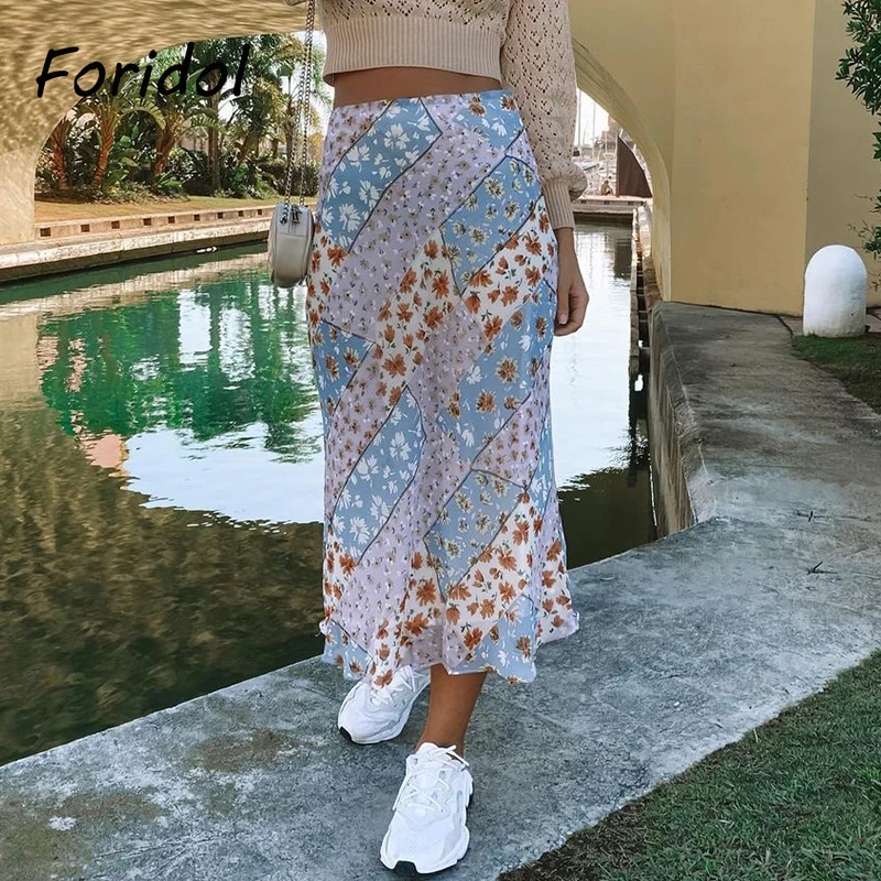 

Foridol Spliced Floral Print Long Skirt Women High Waist Purple Chiffon Maxi A-line Skirt Summer Boho Beach Skirts Bottoms Falda