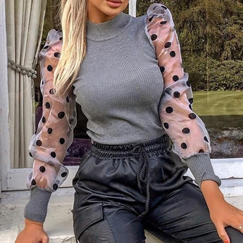 Женские повседневные топы в стиле пэчворк с длинным рукавом и узором горошек