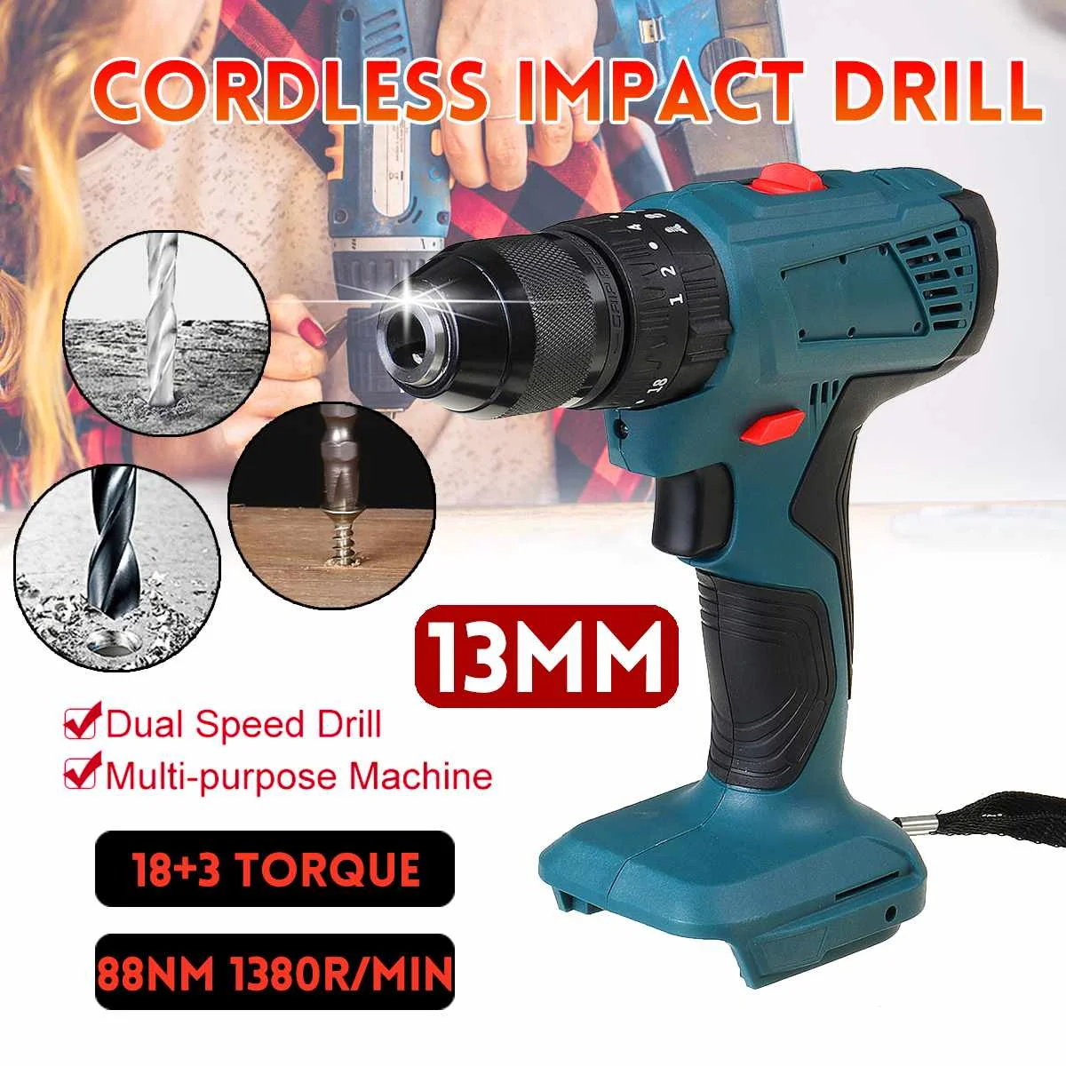 

3 в 1 Электрическая аккумуляторная ударная дрель 13 мм, перезаряжаемый электрический молоток, отвертка, электроинструменты для Makita, батарея 18...