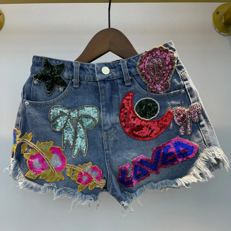 DEAT 2021 Новое поступление джинсовые шорты с вышивкой в виде Луны и звезд кисточками