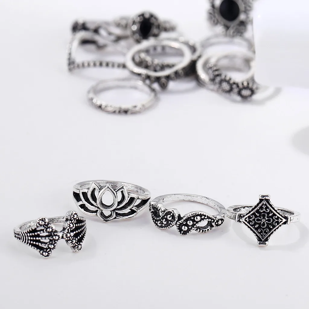 15pcs Silver Color Hollow Lotus Opal Vintage Rings Women Knuckle Ring Set for Mid Finger Thin Bague anillo12.27 | Украшения и