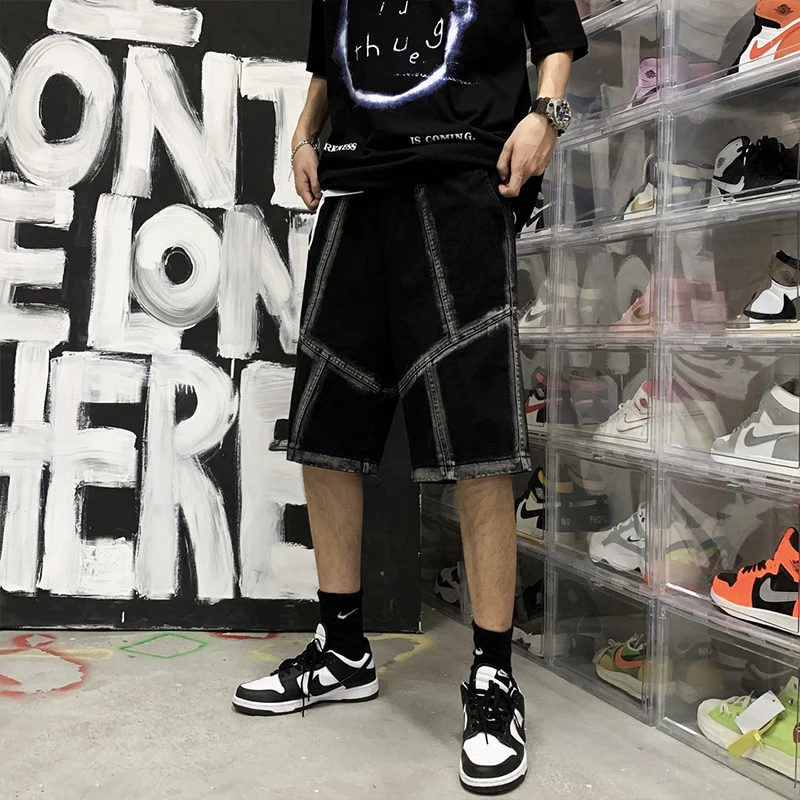 

2021 Dark Style High Street Fashionable Brand Cropped Pants Distressed Frayed Cropped Denim Loose Wide Leg Men's Shorts
